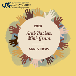 Image has Lindy Center logo and yellow background, a circle of hands of different skin colors and text saying '2023 Anti-Racism Mini-Grant Apply Now'